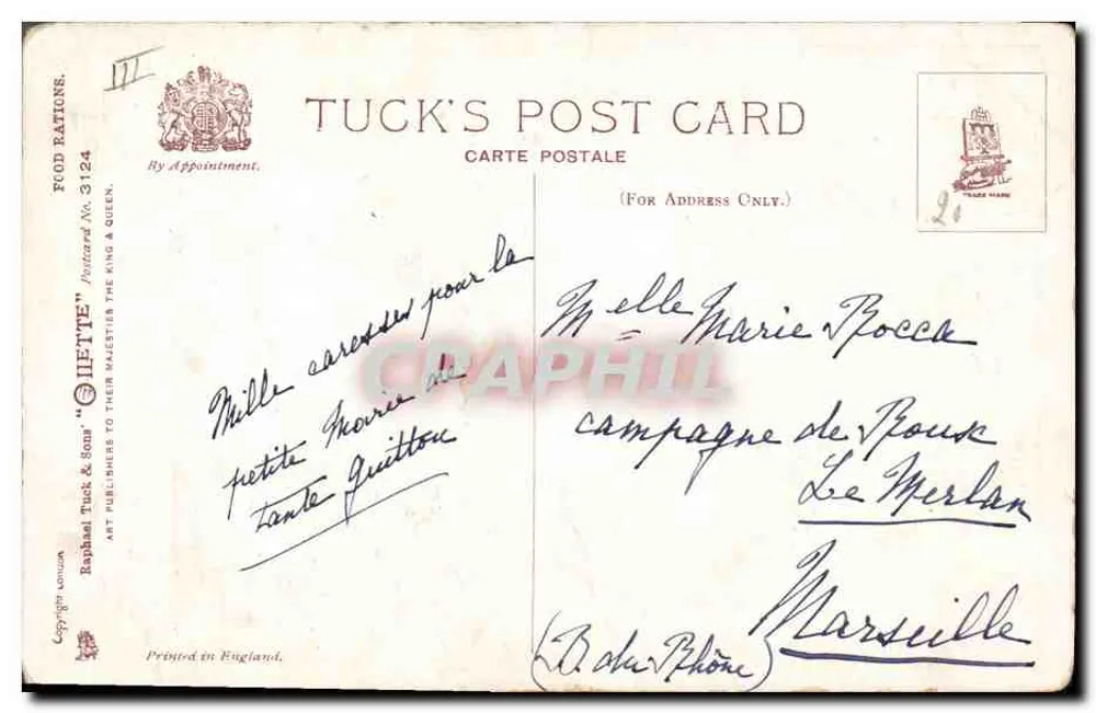 Perro y gallina — Restricciones alimentarias! — Tuck's Post Card n°3124 - Reverso