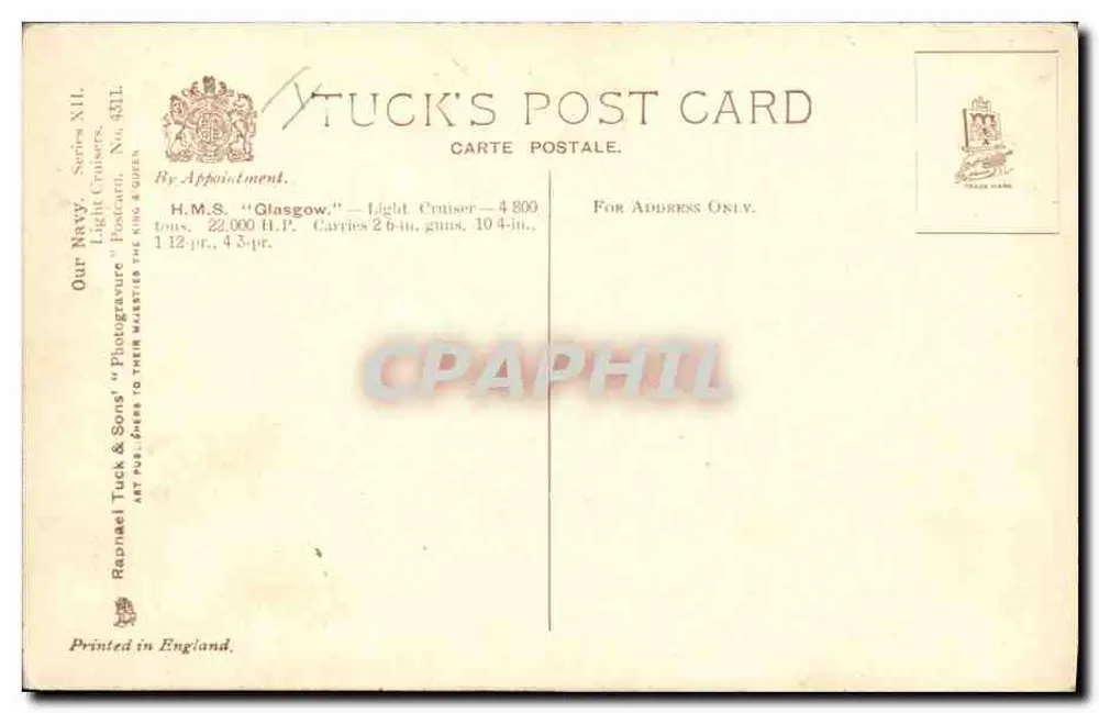 H.M.S. "Glasgow" — Cruiser leve — editor Tuck & Sons, série XII, n° 4311 - Verso