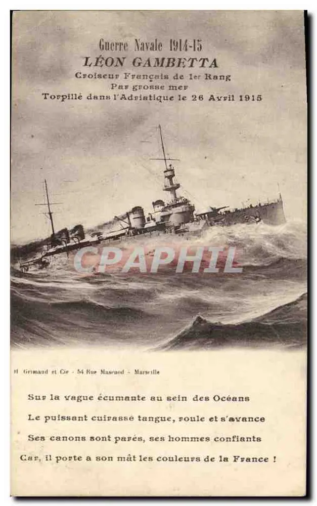 Französischer Kreuzer Léon Gambetta — In der Adria am 26. April 1915 gesunken — Verlag H. Grimaud et Cie, Marseille - Vorderseite