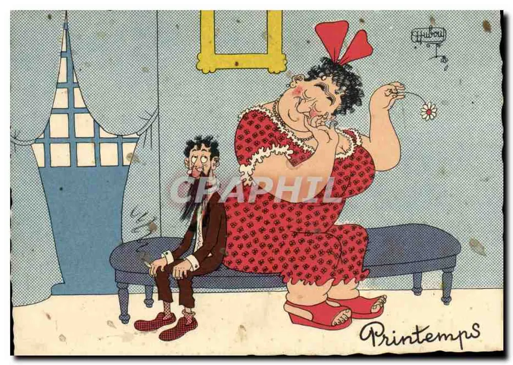 Mulher em vestido vermelho e homem sentado — caricatura — Hubou, Printemps - Frente