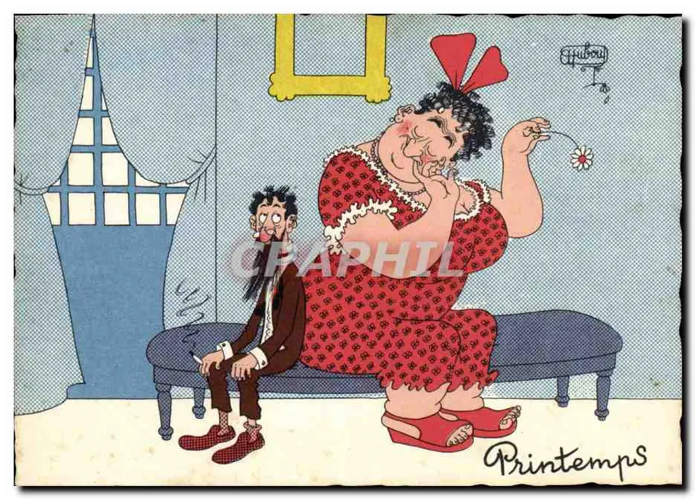 Kobieta i mężczyzna siedzący na ławce — karikatura — Hubouy, n° 19 A - Awers