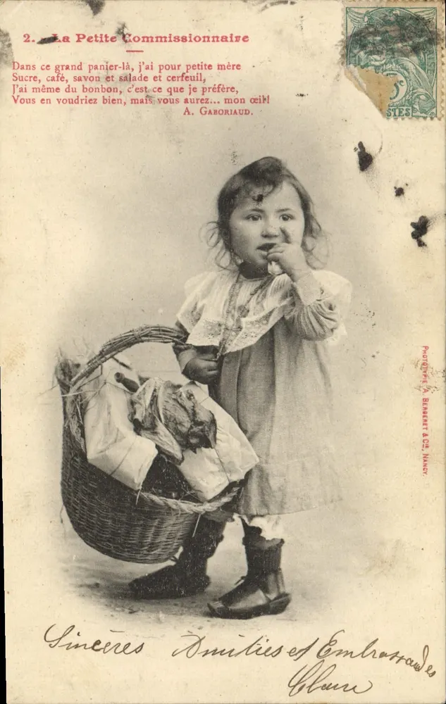 Die Kleine Kommissionärin — Szene mit kleiner Mädchen und Korb — Fotograf A. Blaseret & Cie, Nancy - Vorderseite