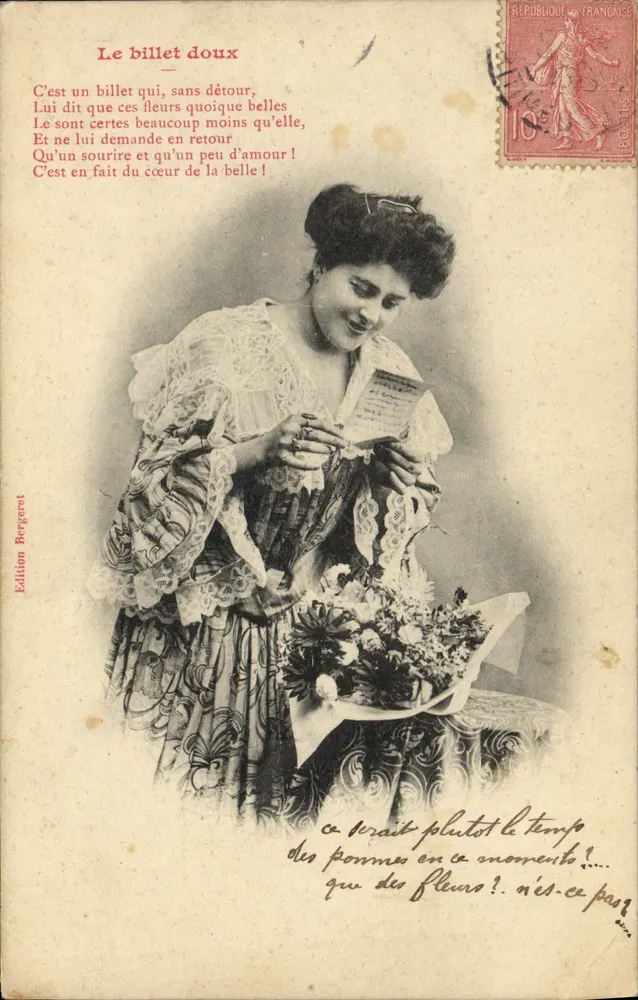 Frau mit Blumenbouquet — Postkarten-Szene — Édition Bergeret - Vorderseite