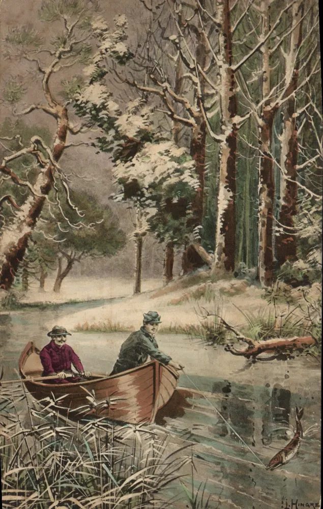Dois homens pescando em uma barca em um paisagem invernal — desenho de L. Hunare — editor Luxographie, n° 40 - Frente