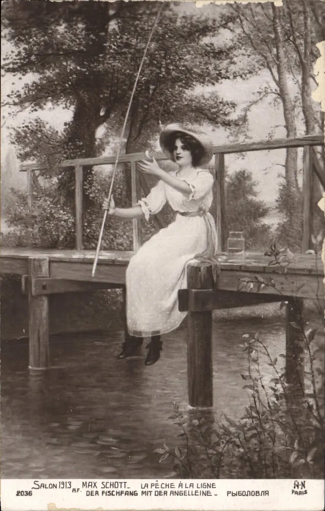 Frau, die mit der Angel fischt — Salon 1913 — Max Schott, Nr. 2036, Paris - Vorderseite