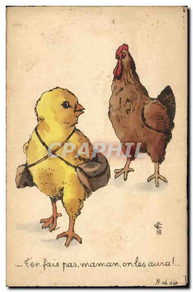 Poussin e galinha — desenho humorístico — N. ad dep. 18 - Frente