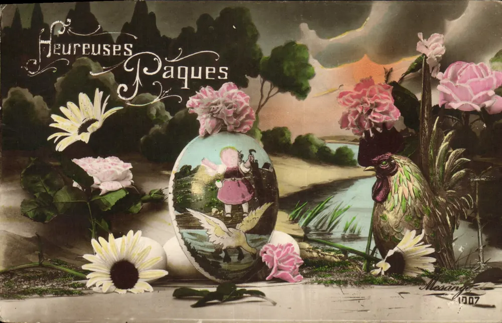 Páscoa — ovo decorado, galinha e flores — Pássaro 1907 - Frente
