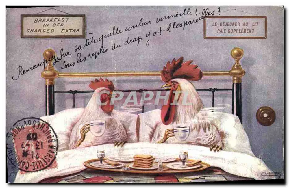 Deux poules au lit — scène humoristique avec panneau « Breakfast in Bed Charged Extra » — éditeur Tuck's Post Card - Frente