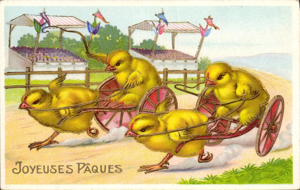 Páscoa Alegre — Pássaros em carrinho — editor J. Delpierre, n° 3337 - Frente