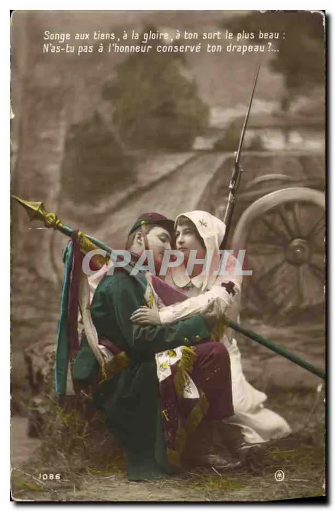Soldat und Frau in historischem Kleid — patriotisches Gedicht — anonymer Verlag, Nr. 1086 - Vorderseite