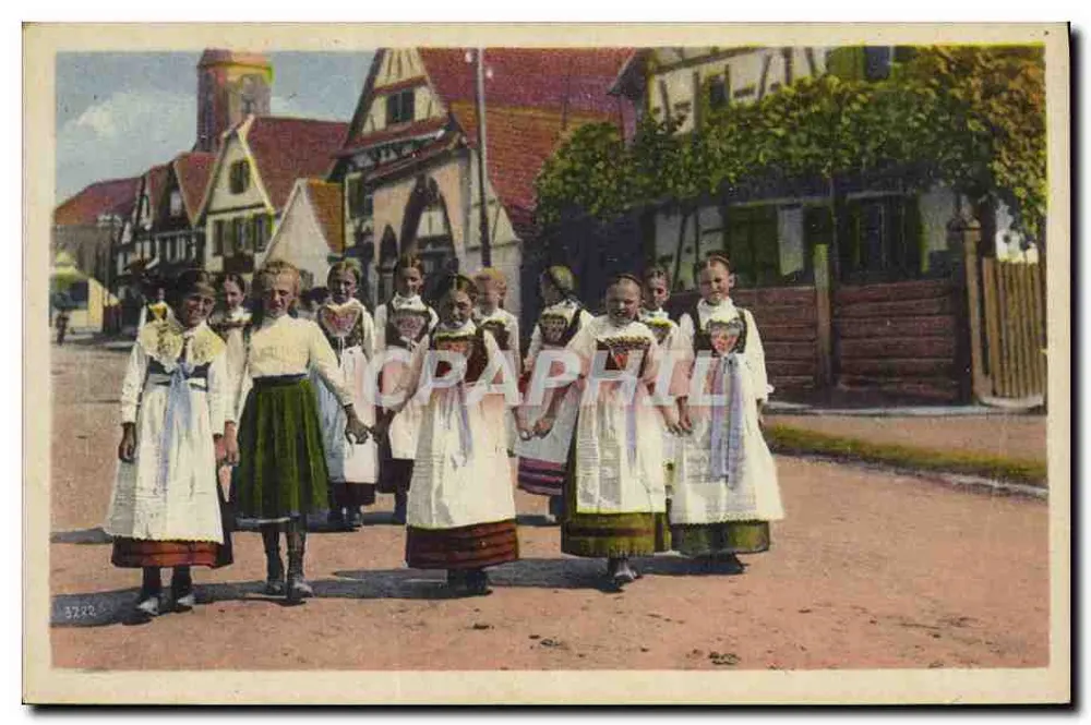 Mulheres da região do Elsasso — Em traje tradicional — Verlag Jul. Manias & Cie., Schlitzigheim - Frente