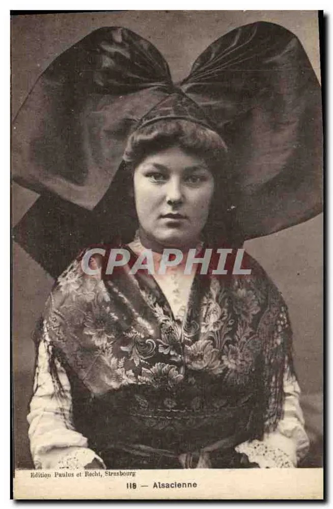 Alsaciana — mulher em traje tradicional com grande nó preto — Edição Paulus e Recht, Strasbourg, n°118 - Frente