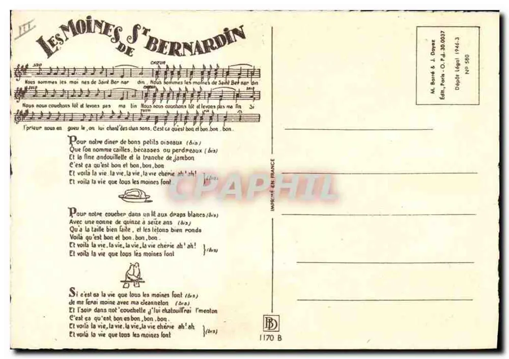 Die Mönche von St. Bernardin — Lied — Verlag M. Bonné & J. Doyez, Paris, Nr. 580 - Rückseite