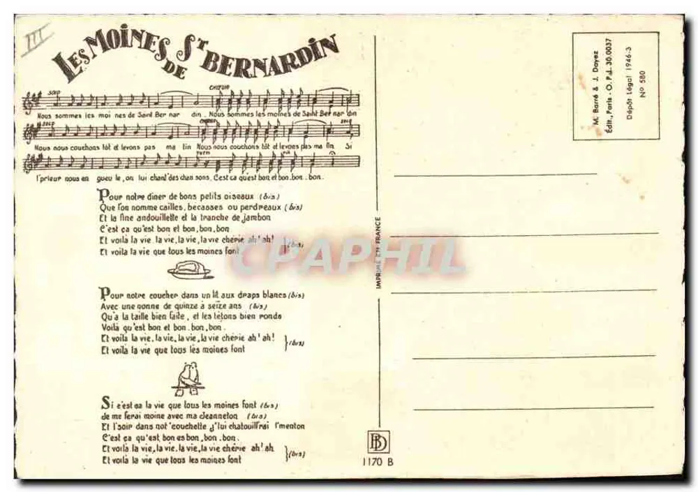 Die Mönche von S't Bernardin — humoristisches Lied — Edition Mt. Barré & J. Doyez, Nr. 280 - Rückseite