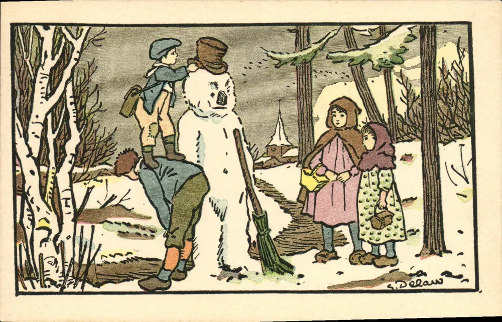 Kinder, die mit einem Schneemann spielen — S. Delaw — Librairie Larousse, Paris - Vorderseite