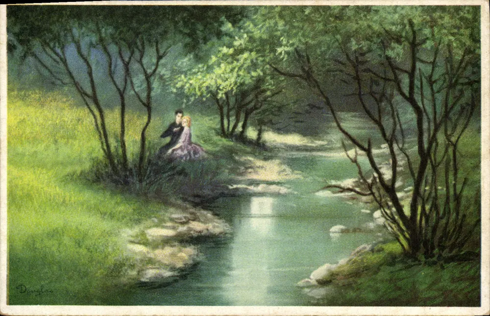 Casal amoroso à beira de um riacho — pintura de Douglas — série 'ROMANTICISMO' n°18, editada por Alfredo Crauagglio em Milão - Frente