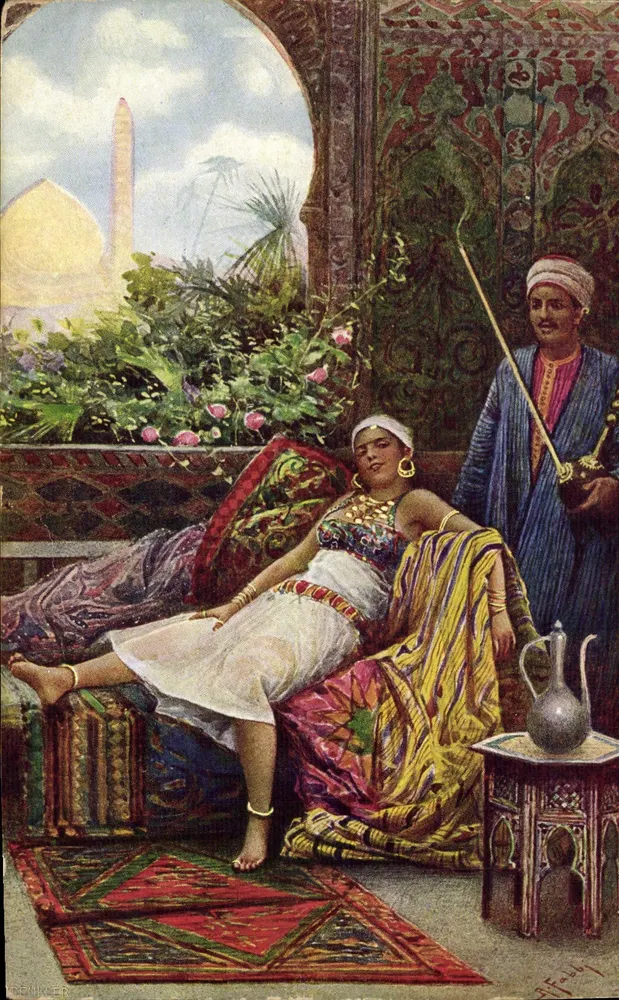 Mulher e homem em traje oriental — cena de balcão — editor Prennicker, n° de série 1934, 6 - Frente
