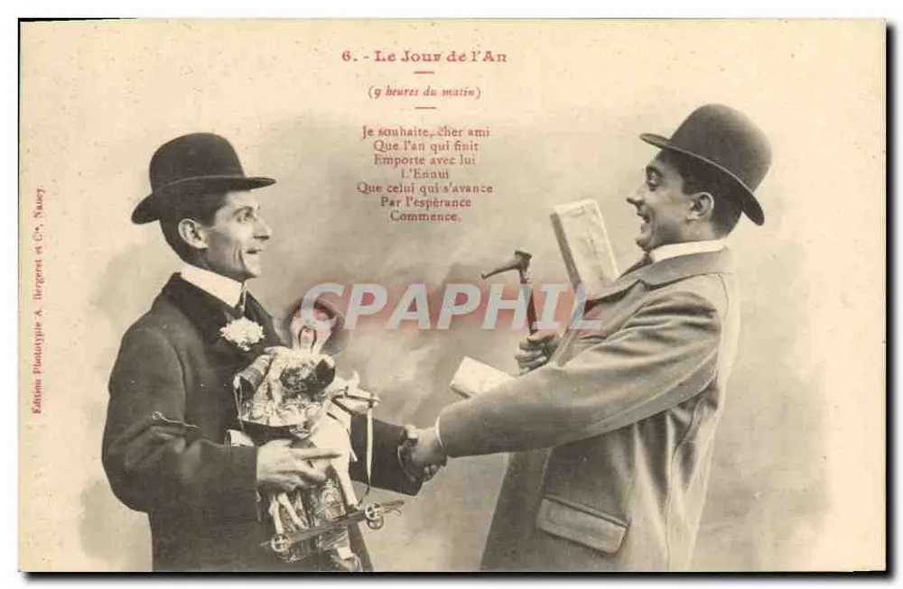 Zwei Männer in der Kleidung des Jahres 1900 — Neujahr — Éditions Phototype A. Bergeret et Cie, Nauvy - Vorderseite