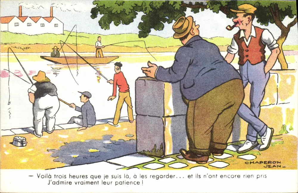 Pescadores no rio — cena humorística — Chaperon Jean, série Humorística 553 - Frente