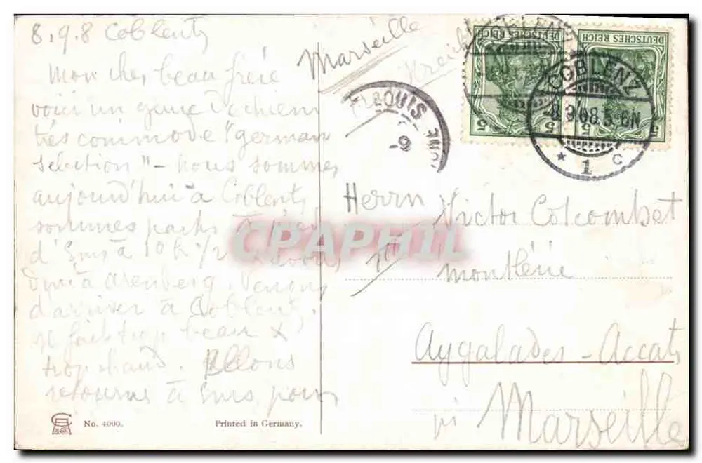 Dachshund — portrait d'un chien noir et brun avec écharpe bleue — éditeur T.H.A.H. et n° 4000 - Verso