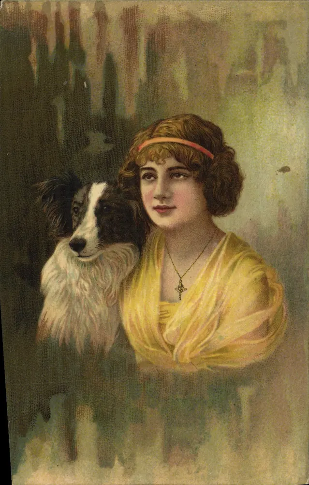 Jovem mulher e cão border collie — série artística — editor A. Traldi, Milão - Frente