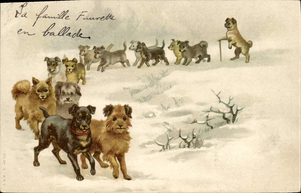 La famille Fauvette en ballade — illustration de chiens enneigés — éditeur A.B.M. n° 398 108 - Frente