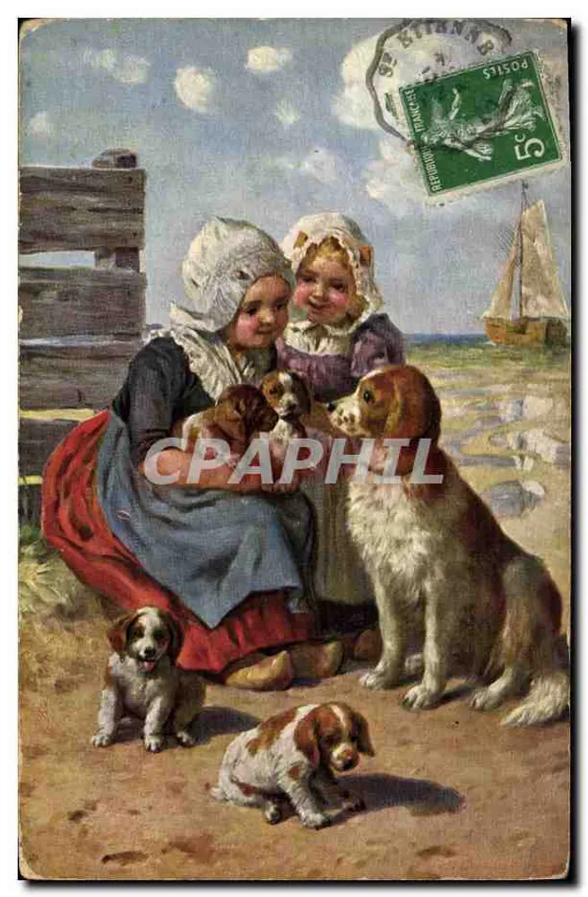 Dwie młode kobiety z psami — scena plażowa — wydawca T.S.N. Seria 894 (6 Rysunków) - Awers