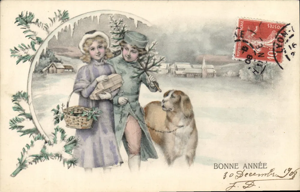 Dois crianças e um cachorro em um paisagem invernal — Boa Ano 1908 — editor não visível - Frente