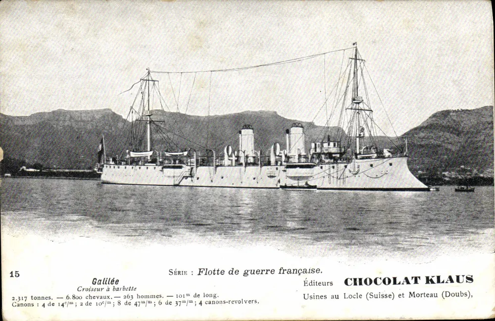 Cruzador de barbete Galilée — Frota de guerra francesa — Editores CHOCOLAT KLAUS - Frente