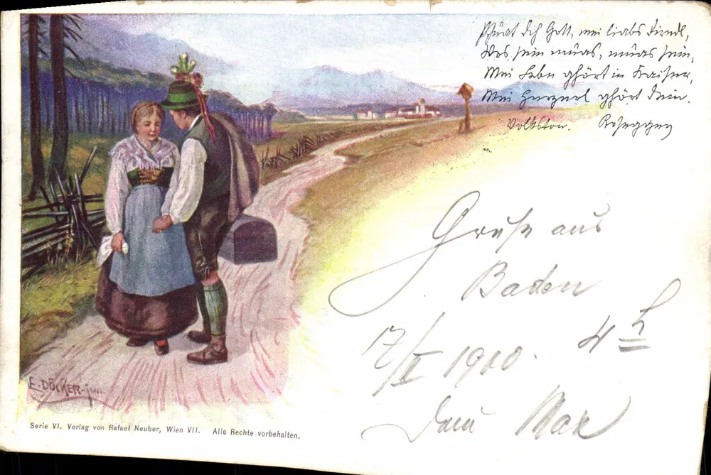 Jovem casal em traje tradicional austríaco — cena de campo — E. DÖCKER, série VI, Wien - Frente