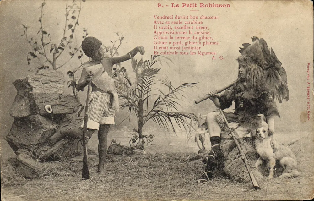 Der kleine Robinson — humorvoll dargestellt mit zwei Figuren in Jagdoutfit — Phototype A. Berneze & Cie, Nîmes - Vorderseite