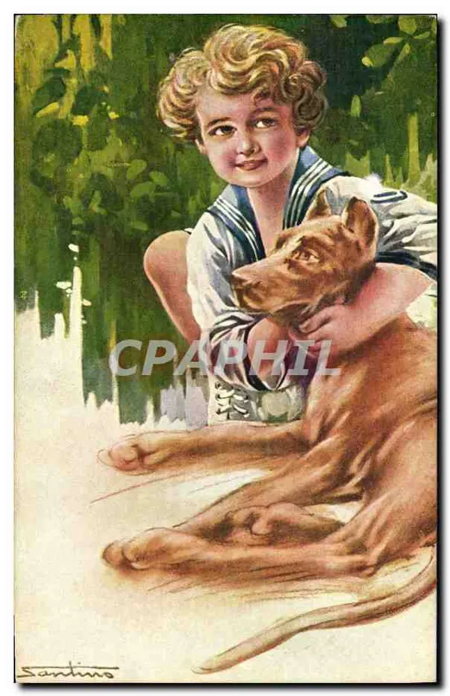 Criança e cachorro — cena de jardim — editor Santino, Milão - Frente