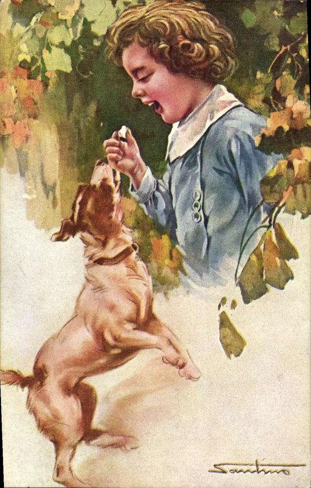 Criança alimentando um cachorro — ilustração — Santino - Frente