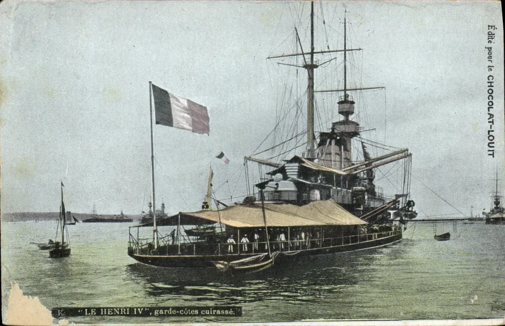 Le Henri IV, garde-côtes cuirassé — navire militaire français à quai, éditeur CHOCOLAT-LOUIT - Vorderseite