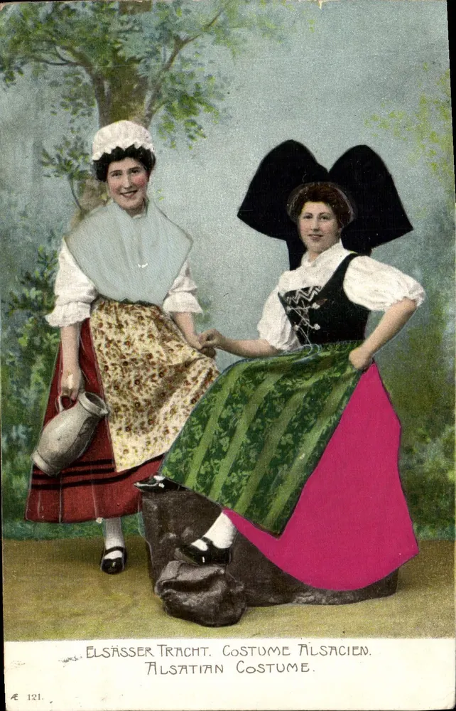 Duas mulheres em traje alsaciano — Editor: AE, n.º 121 - Frente