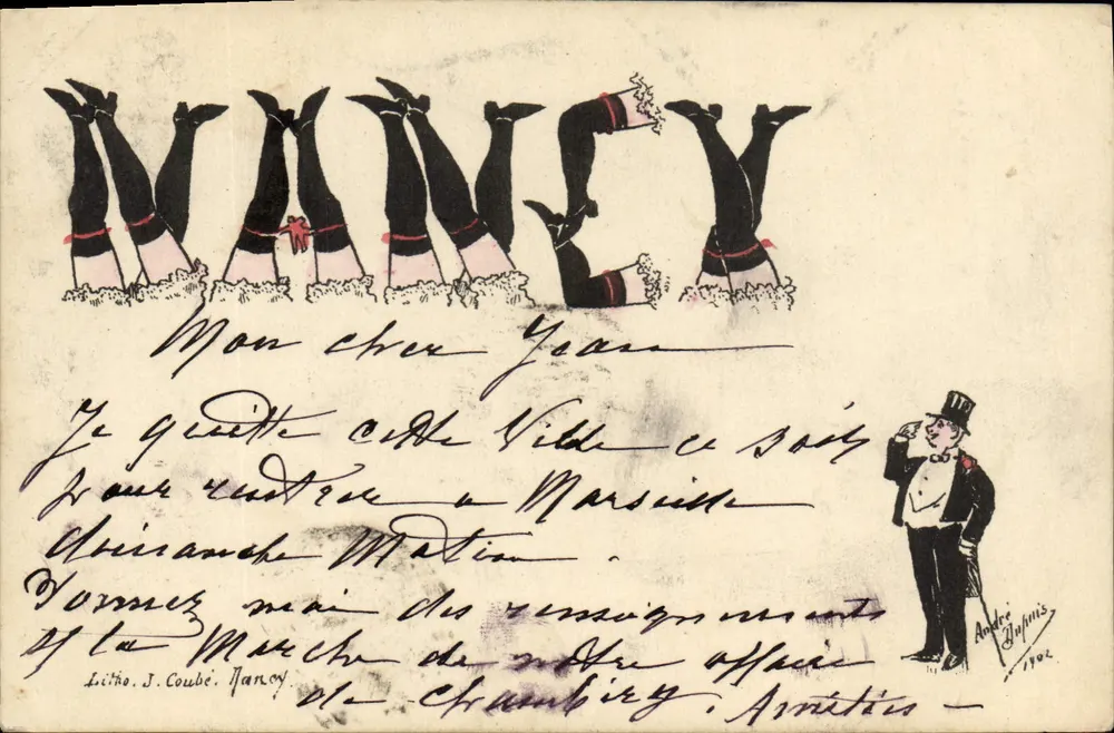 Nancy — humorvolle Illustration mit Buchstaben, gebildet aus Tänzerinnenbeinen — Lithografie J. Coubé, Nancy, 1902 - Vorderseite