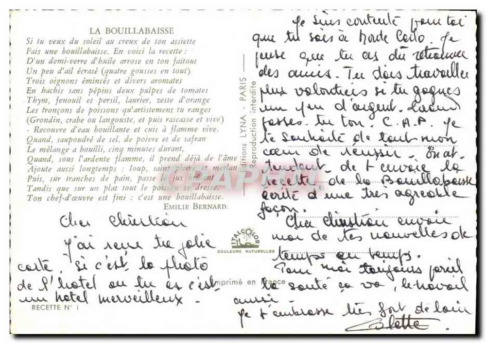 Ricetta della vera BOUILLABAISSE — Edizioni LYNÁ — Ricetta N° 1 - Verso
