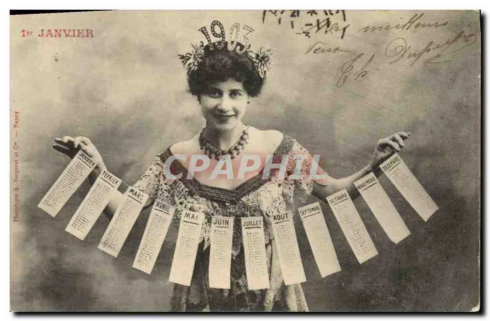 Frau mit Blumenkrone, die die zwölf Monate hält — 1907 — Panatypique A. Lepoerdt et Cie — Nancy - Vorderseite