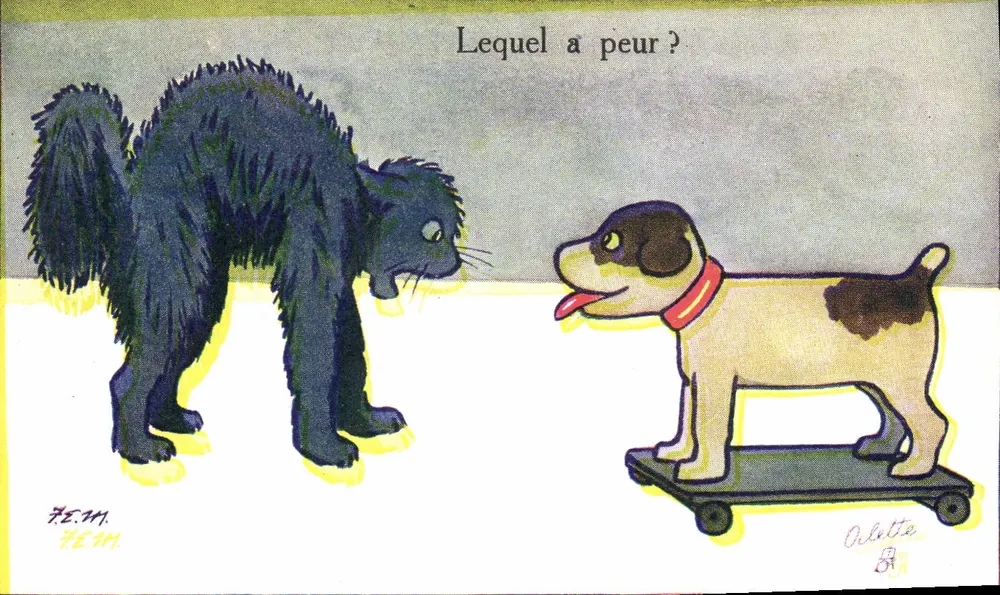 Gato preto e cachorro em prancha de rolimã — Tuck's Post Card n° 8488 - Frente
