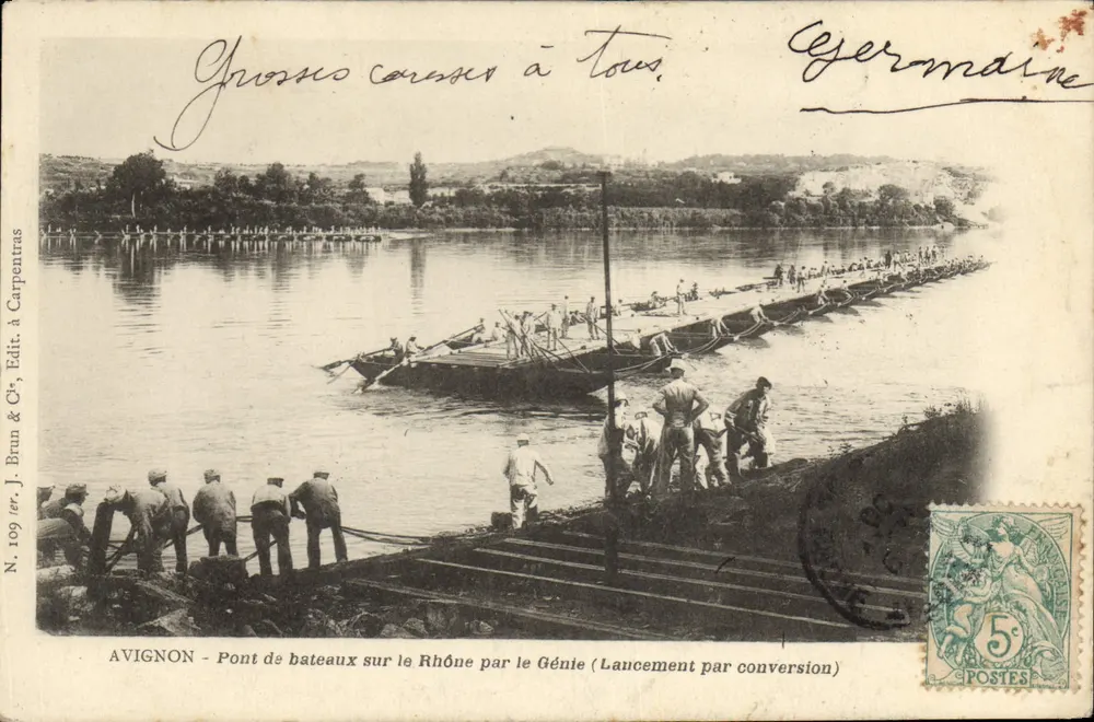 Avignon - Pont de bateaux sur le Rhône par le Génie (Lancement par conversion) — J. Brunn & Cie, Verleger in Carpentras, Nr. 109 - Vorderseite