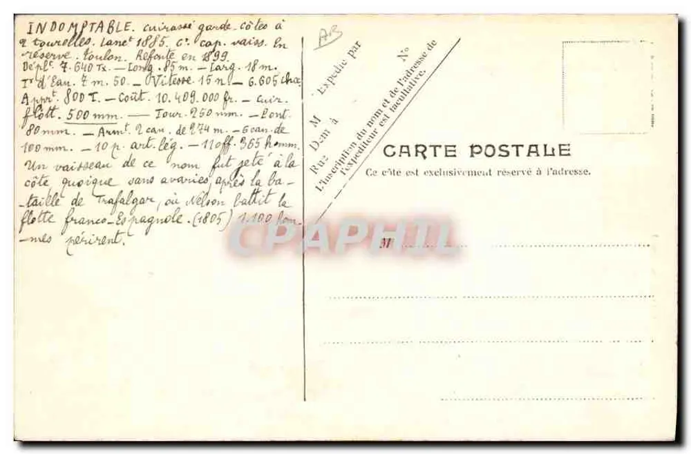 L'Indomptable — encouraçado da Marinha Francesa — V.P. Paris No. 7 - Verso