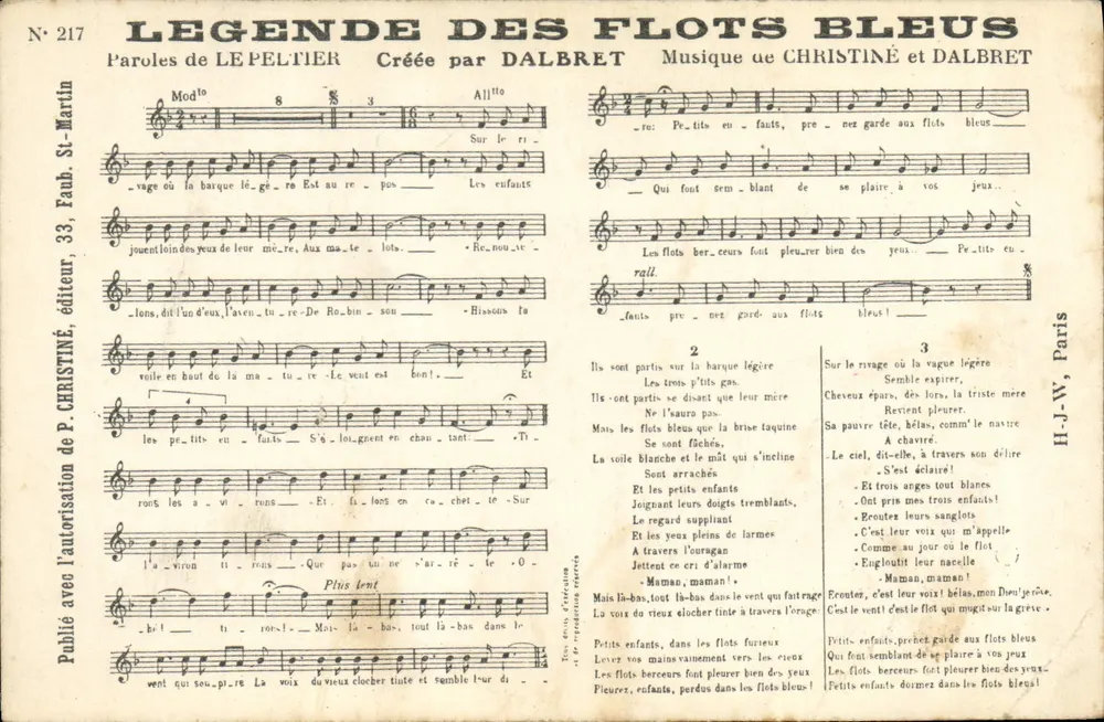 Légende des Flots Bleus — chanson imprimée — éditeur P. CHRISTINÉ, Paris, n° 217 - Voorkant