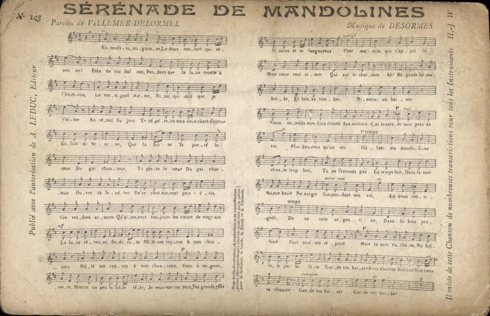 Mandolinen-Serenade — Texte von Villemer-Delormel, Musik von Desormes — Verlag A. Leduc, n° 143 - Vorderseite