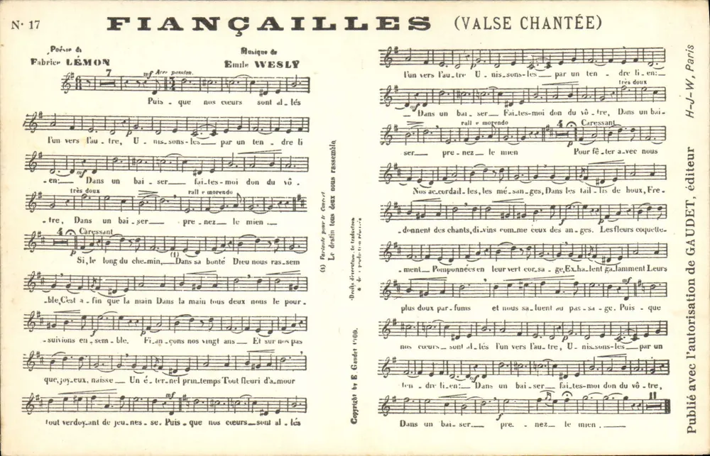 Verlobung (gesangliche Walze) — Gedicht von Fabrice LEMON, Musik von Emile WESLY — Verlag GAUDET, Nr. 17 - Vorderseite