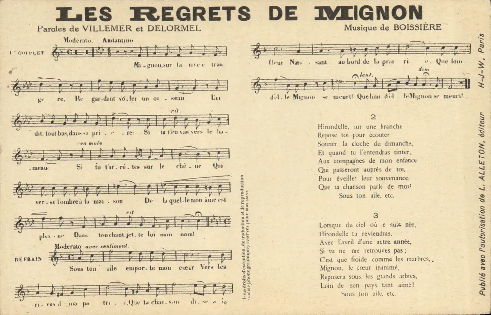 Les Regrets de Mignon — Lied — H-J-W, Paris, Verleger - Vorderseite