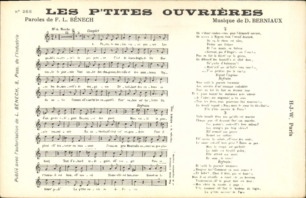 Les P'tites Ouvrières — Lied — Veröffentlicht mit Genehmigung von L. BÉNECH, Nr. 268 - Vorderseite
