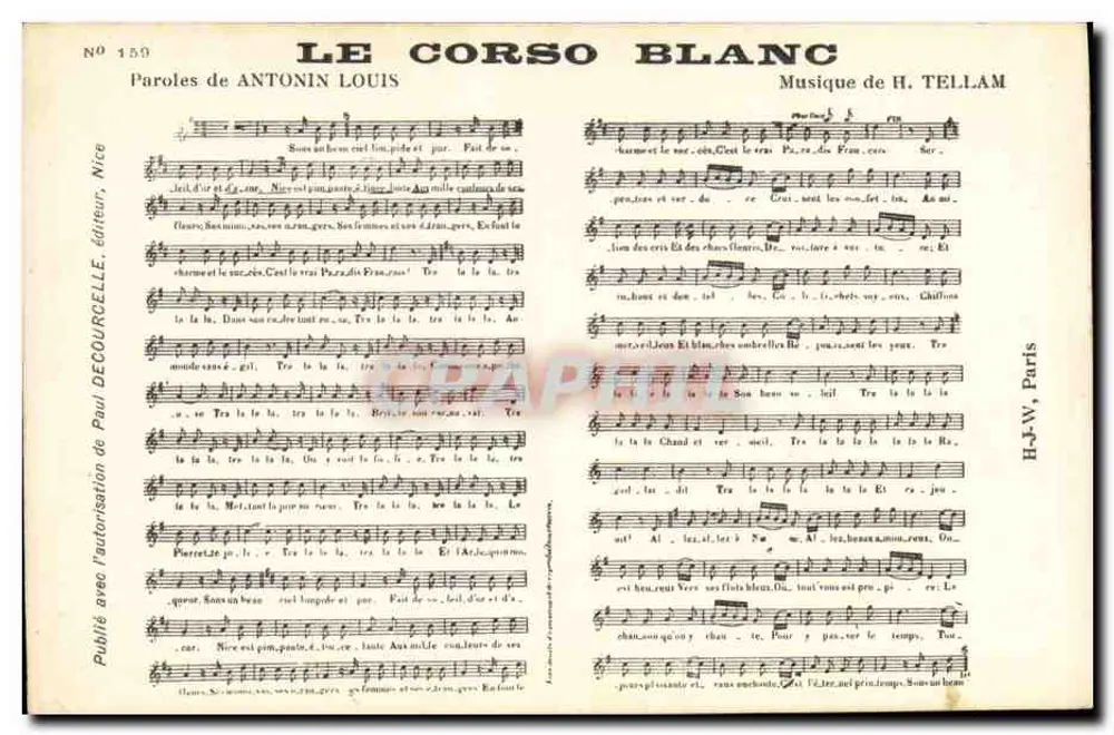 Le Corsa Blanc — Letras de Antonin Louis, Música de H. Tellam — N° 159, editor Nice, Paul Decourcelle - Anverso