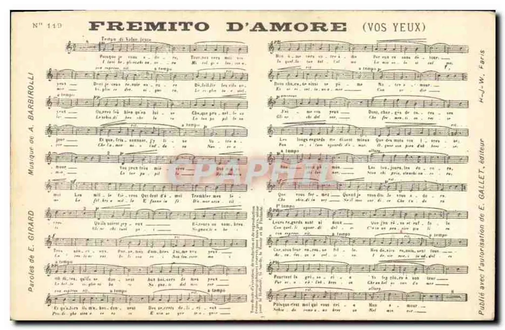 Fremito d'Amore (Vos Yeux) — N° 149 — Uitgever J.-J.-W. Gallet - Voorkant