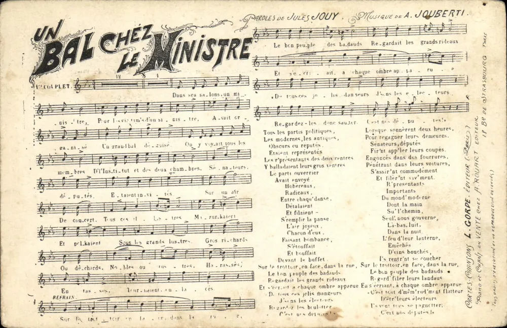 Ein Ball beim Minister — Text von Jules Jouy, Musik von A. Jouberti — Verlag L. Garde, Straßburg - Vorderseite