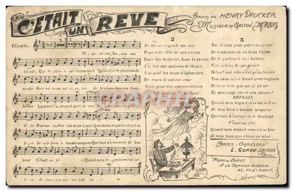 Es war ein Traum — Text von Henry Drucker, Musik von Gaston Miquis — Lieder L. Gorde, Verlag (Paris) - Vorderseite